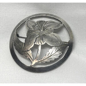 Handarbeit 835 Silver Floral Brooch Vintage German - Round 1.75"